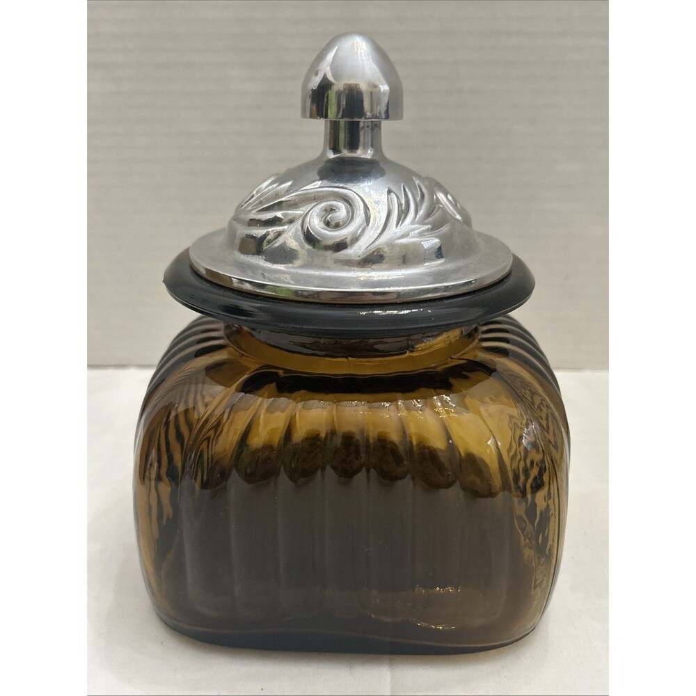 Vintage Short  Artland Amber  Ribbed glass Canister With Pewter Finish  Lid